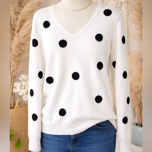 LOFT white polka dot sweater Medium| black dot V neck lightweight knit